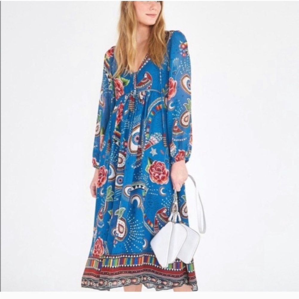 Farm Rio Teal Turquoise Blue Multi Printed Midi Dress Lightweight With Sleeves
